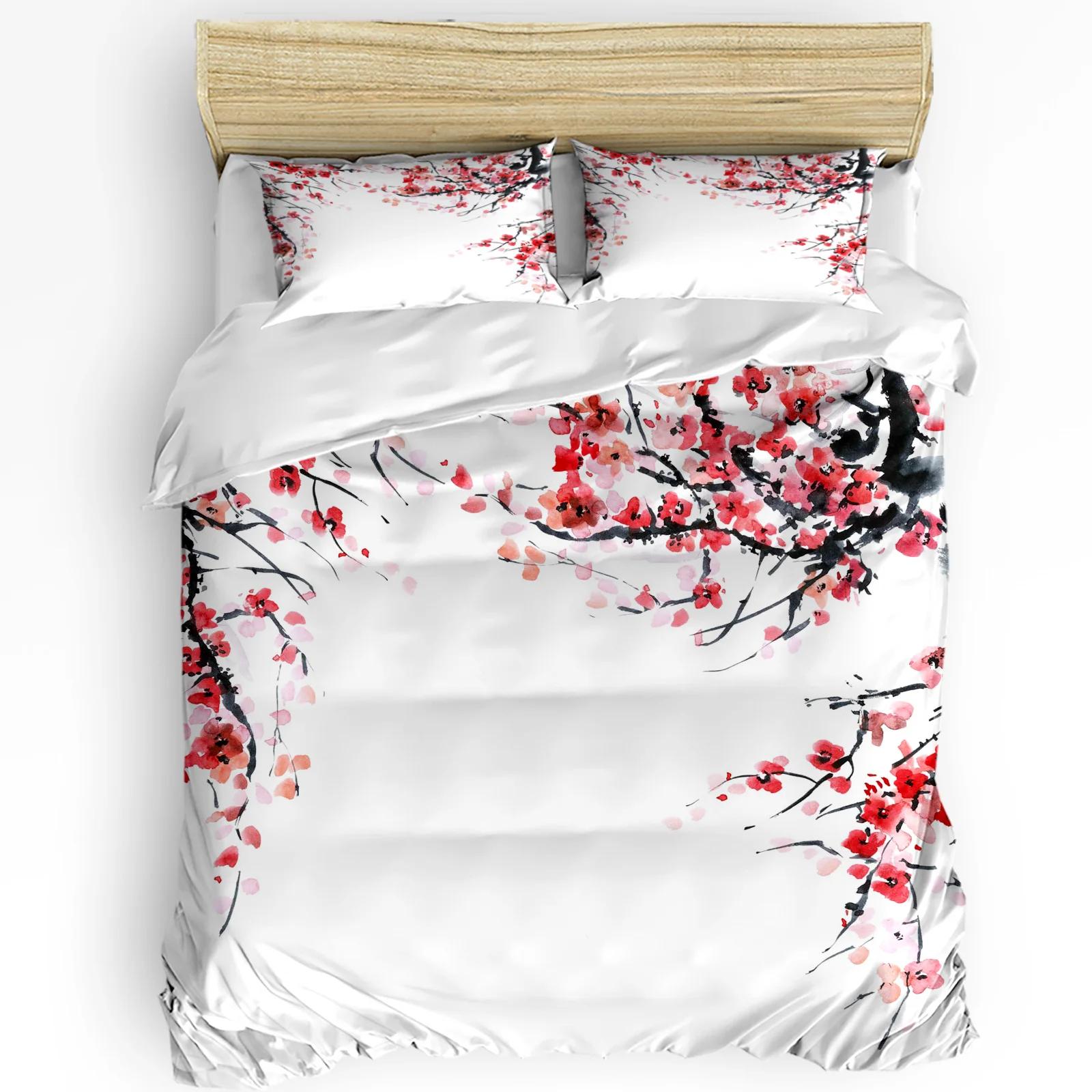 Ink Painting Plum Bossom Red Flowers White 3pcs Duvet Cover Set Pillow Case Double Comforter Bedding Set Quilt Cover